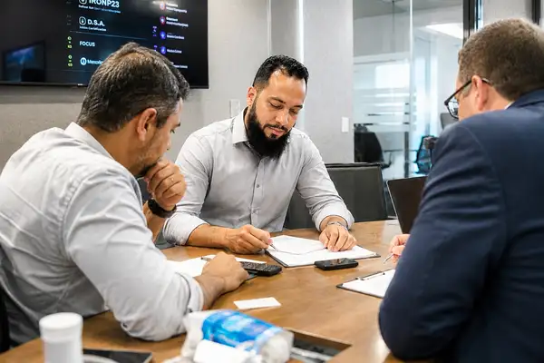 Reunião de assinatura entre sócios e parceiros.